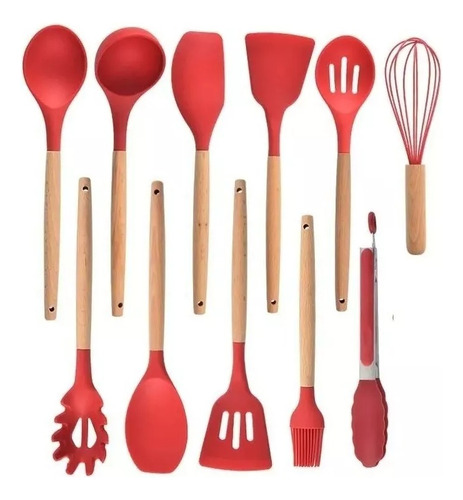 Set de 12 Utensilios de Cocina en Silicona y Madera